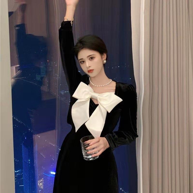 Elegant Velvet Puff Sleeve Evening Gown Big Bow Black Velvet Dress Midi Party Dress