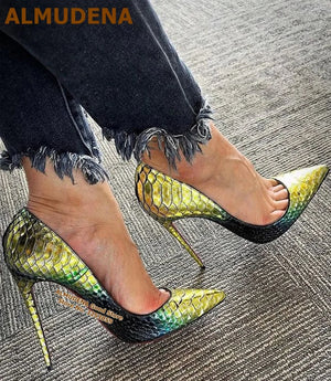 Yellow Green Gradient Color Snakeskin Pumps High Heel Stiletto Shoes Sexy 12cm Thin Heel Pointed Toe Dress Pumps Luxury Shoes