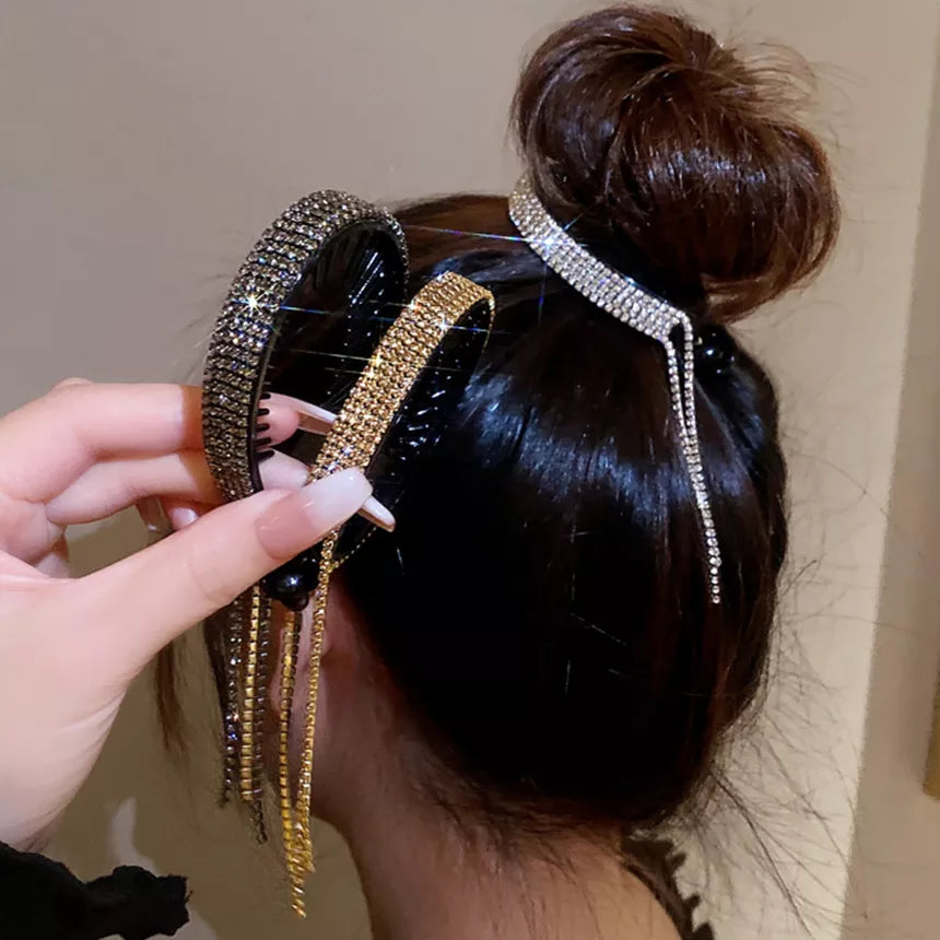Elegant Luxury Rhinestone Tassel Ponytail Hair Claws Sweet Meatball Hair Clips Headband Fashion Hair Accessories