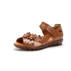 Women's Cute Sandals Genuine Leather Peep Toe Ladies Sandals Summer Shoes Low Heel Hook & Loop & Loop Soft Comfortable Flat Contour Walking Sandals