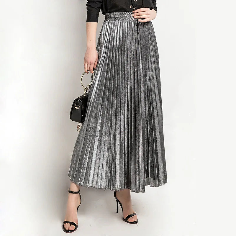 Women's High Elastic Waist Maxi Skirt Metallic Shiny A-line Flare Accordion Pleated Skirt