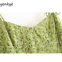 Women's Vintage Very Green Floral Long Midi Strap Dress Sleeveless  Slit A-line Dress