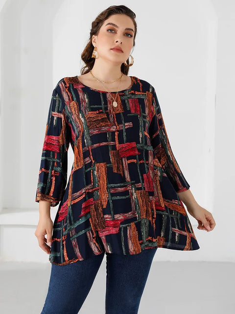 Plus Size Blouse Women Three Quarter Sleeve Colorful Print Casual Long Loose Oversized Fashion Top