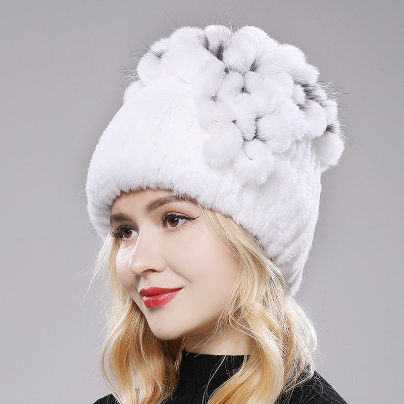 Women's Genuine Rex Rabbit Fur Hat Striped Top Flower Warm Real Fur Knit Beanie Caps