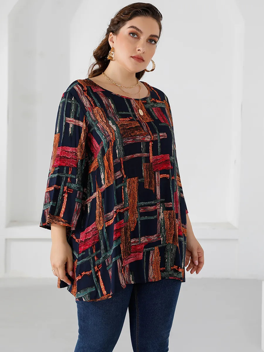 Plus Size Blouse for Women Three Quarter Sleeve Colorful Print Casual Long Blouse Loose Oversized Tops