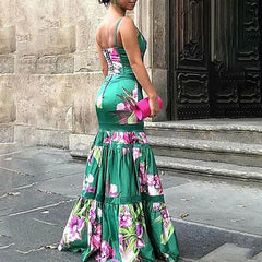 Elegant Floral Print Sling Party Dress Vintage Sleeveless Patchwork A-Line Dress Sexy Holiday Dress Plus Sizes