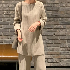 New Boutique Fashion Women's Thick Warm Knitted Two-Piece Pant Suit Pullover Sweater + High Waist Loose Wide Leg Pants Set