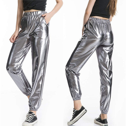 High Waist Metallic Pants Women Smooth Shiny Lantern Reflective Trousers Casual Party Fashion