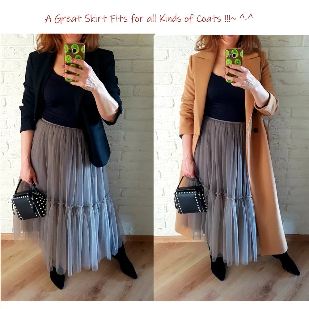 Long Tulle Skirts for Women Gothic Pleated Skirt Casual Party Fairy Core Ruffles Midi Skirt