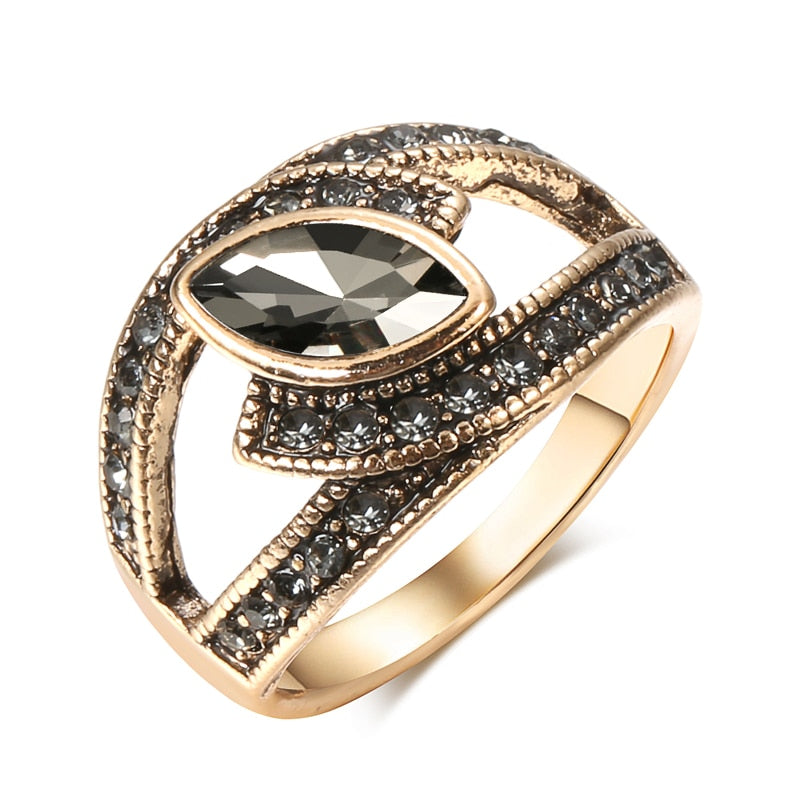 Women's Boho Vintage Style Crystal Ring Antique Gold Big Zirconia Stone Ring