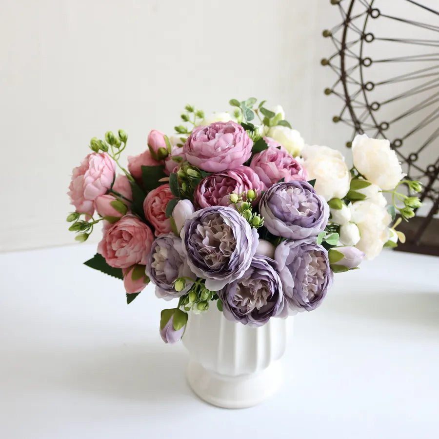 Artificial Flowers Bouquet Silk Roses with Vase for Home Decor Garden Wedding Mothers day