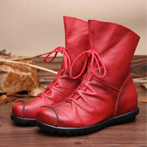 Vintage Genuine Leather Women's Boots Flat Booties Soft Cowhide Leather Side Zip Ankle Boots