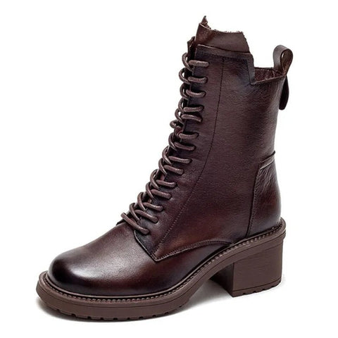 Ankle Boots Women Genuine Leather Square Heel Lace-Up Zipper Warm Casual Autumn Winter Shoes