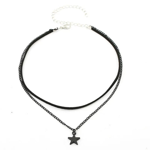 Choker Necklace Women Two-Row Black Chain Pentagram Star Charm Pendant Multilayer Collar Jewelry Gift