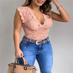 Women's Slim Lace V-Neck Top Sexy T-Shirt Elegant Summer Short Sleeve Flower Lace Hollow Out Tops T-Shirts