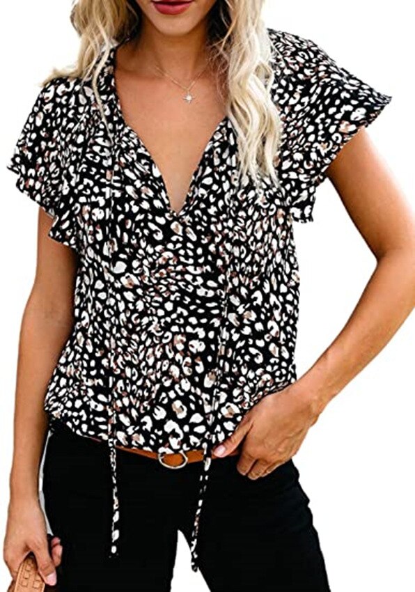 Women's Summer Chiffon Blouse V-Neck Floral Print Shirt