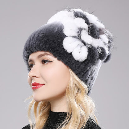 Women's Genuine Rex Rabbit Fur Hat Striped Top Flower Warm Real Fur Knit Beanie Caps