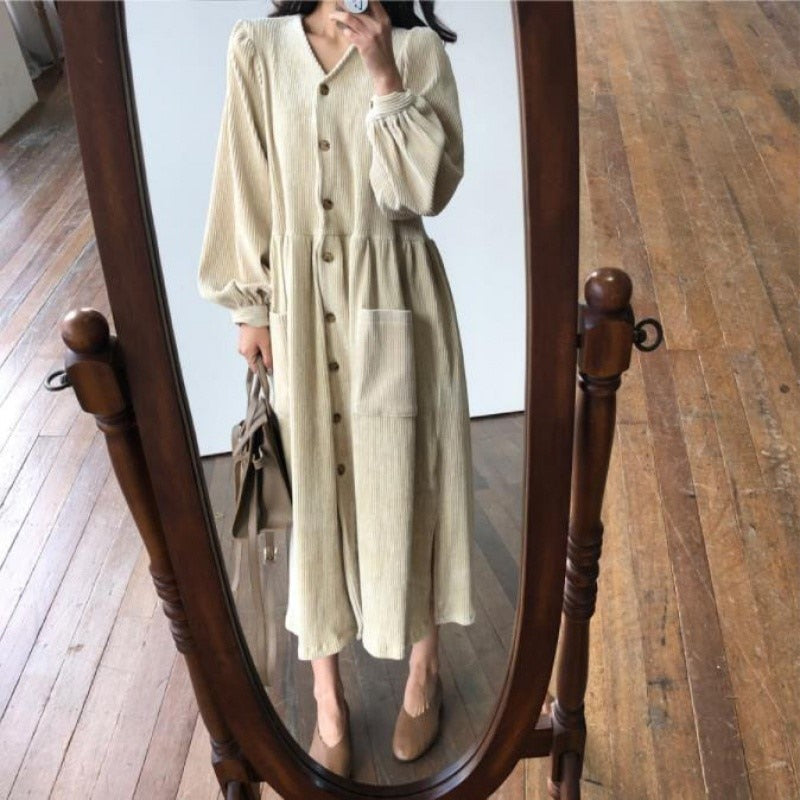 Women's Elegant Corduroy Dress with Pocket Vintage Long Dress Full Sleeve Single Breasted Dress