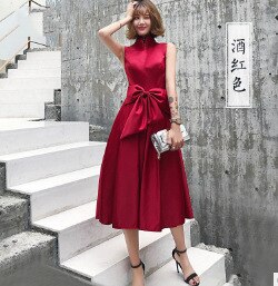 Women's Champagne Sleeveless A-Line Cocktail Satin Dress w/ Front Big Bow