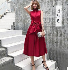 Women's Champagne Sleeveless A-Line Cocktail Satin Dress w/ Front Big Bow