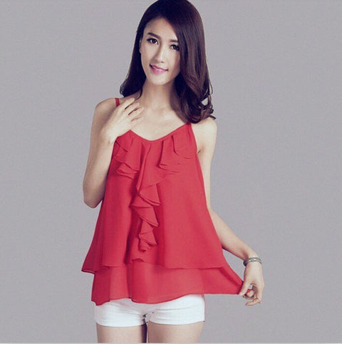 Spaghetti Strap Ruffle Chiffon Crop Top Women Layered Beach Vacation Casual Summer Fashion