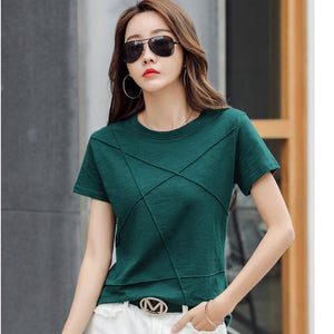 Women's O-Neck Cotton T-Shirts Short Sleeve Ribbed Tops