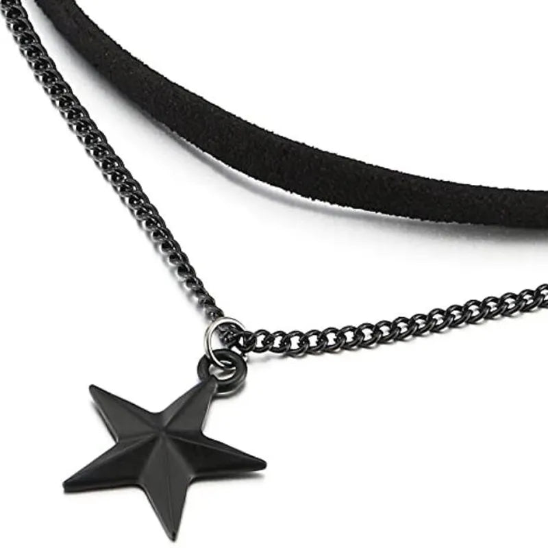Women's Two-Row Black Choker Necklace with Black Chain and Pentagram Star Charm Pendant Multilayer Collar Necklace Gift for Her