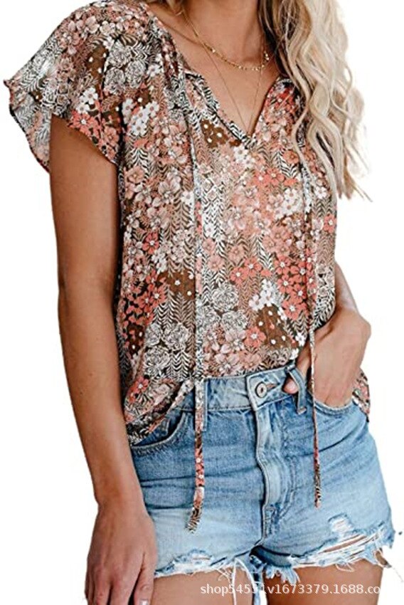 Women's Summer Chiffon Blouse V-Neck Floral Print Shirt