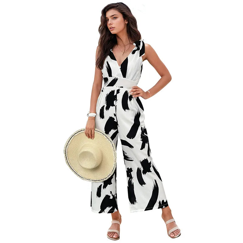 Knee Length Party Jumpsuit Print Sleeveless Loose Wide Leg Casual Elegant Print Summer Romper