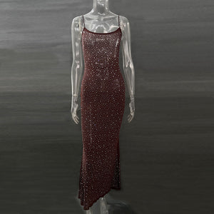 Elegant Sequin Maxi Dress High Fashion Glitter High Waist Bodycon Sexy Diamond Backless Spaghetti Strap Evening Prom Dress