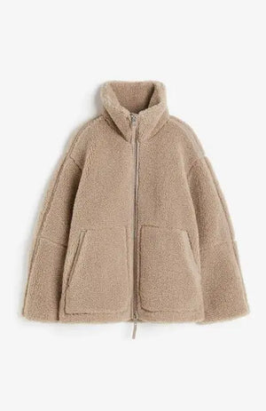 Teddy Fleece Jacket for Women Fake Lamb Wool Jacket Cozy Oversized High Collar Zip-up Coat Fuzzy Winter Outerwear