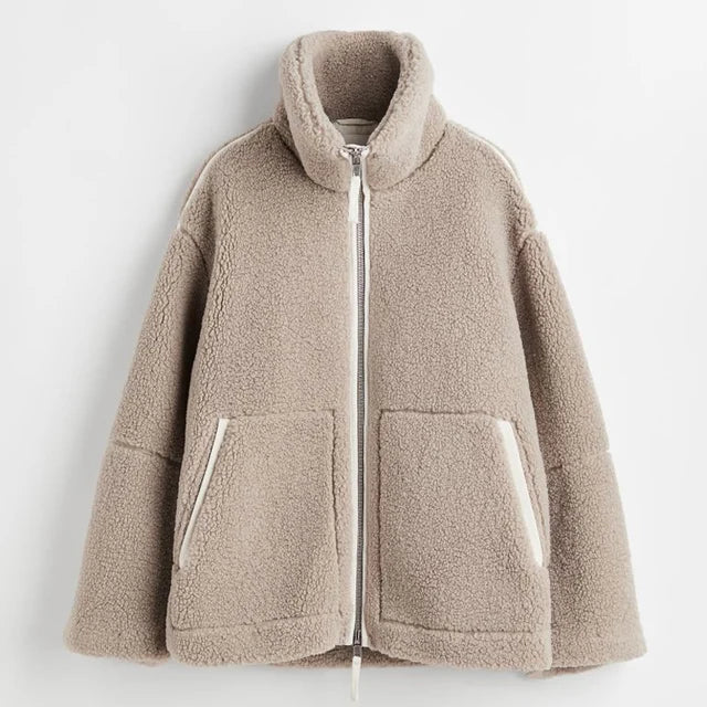 Teddy Fleece Jacket for Women Fake Lamb Wool Jacket Cozy Oversized High Collar Zip-up Coat Fuzzy Winter Outerwear