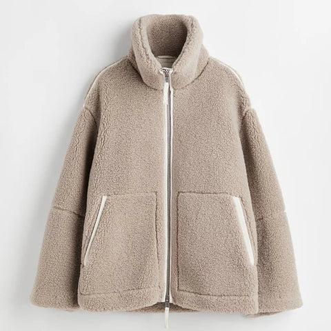 Teddy Fleece Jacket Women Lamb Wool Cozy Oversized High Collar Zip-Up Fuzzy Warm Winter Outerwear