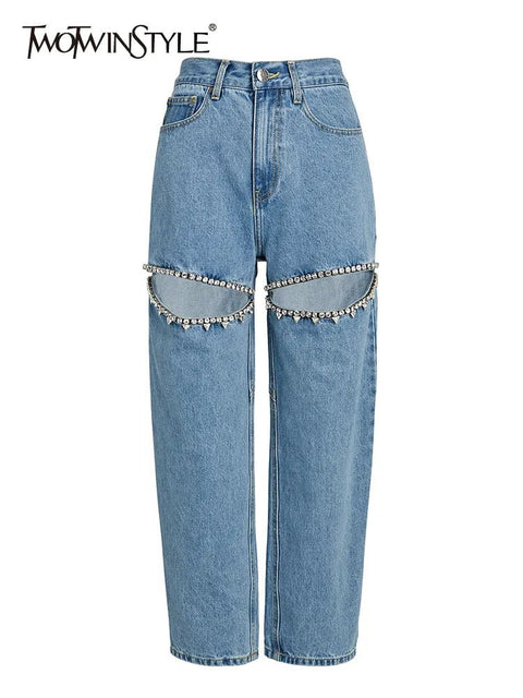 Flare Jeans Women Embroidered High Waist Patchwork Button Hollow Out Distressed Wide Leg Denim