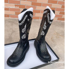 Women's White Western Cowboy Boots Chunky Heel Pointed Toe Boots