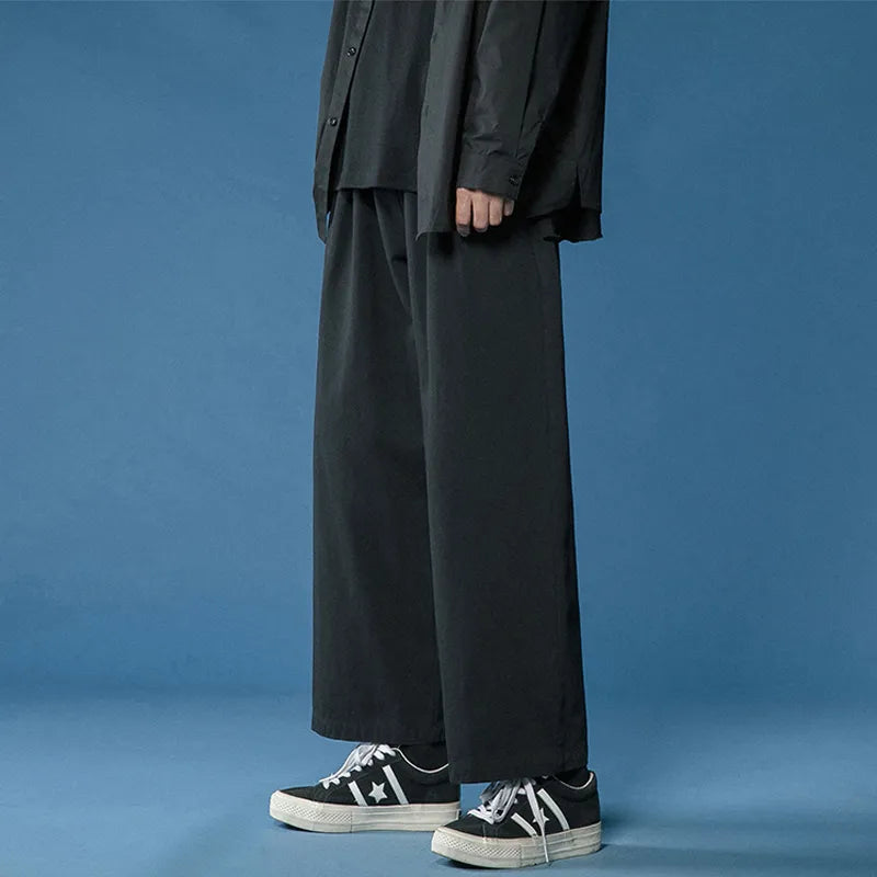 Women's Wide Leg Pants Casual Retro Ankle Length Pants Elastic Waist Loose Trousers