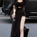 French Style Vintage Open Fork Long Dress Women Black Elegant Party Hollow Out Short Sleeve Dress