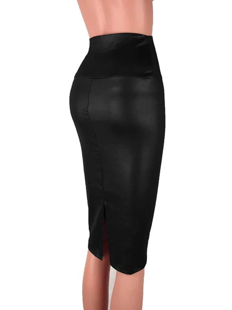 Women's Back Split Sexy Skirt Bodycon Clubwear Skirt High Waist PU Leather Skirt Vintage Long Pencil Skirts