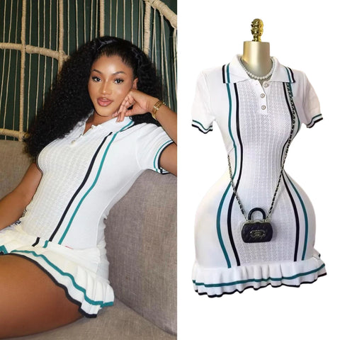 Knit Mini Dress Women Ruffle Turn-Down Collar Pullover Streetwear Short Sleeve Casual Summer Sweater