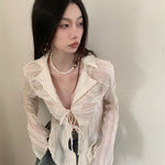 Fairycore Lace Up Blouse Long Sleeve Shirt Turn-down Collar Women's Shirt