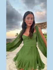 Sexy Pleated Mini Dress Summer Fashion V-Neck w/ Split Long Sleeve A-Line Dresses Beach Holiday Dress