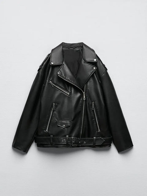 Faux Leather Biker Jacket Women Relaxed Fit Motorcycle Black Belt Casual Streetwear Outerwear Fashion