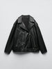Women's Relaxed Fit Motorcycle Biker Jacket Black Faux Leather Jacket with Belt