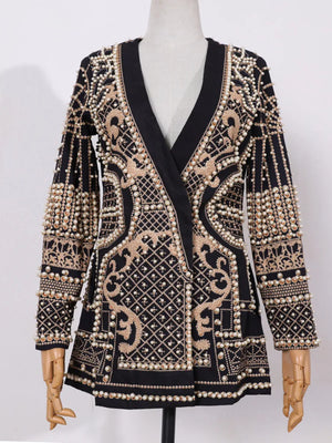 Women's Shawl Collar Embroidered Beaded Jacket V-Neck Vintage Ladies Outwear Coat