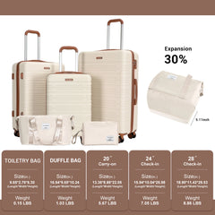 Set of beige suitcases with dimensions and weight details on a white background