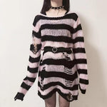Women's Punk Gothic Style Aesthetic Sweater Dress Striped Distressed Holes Jumpers