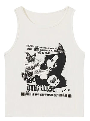 Y2k Grunge Print Sexy Summer Spring Tank Top for Women Ribbed Knit Tank Streetwear Aesthetic Clothing