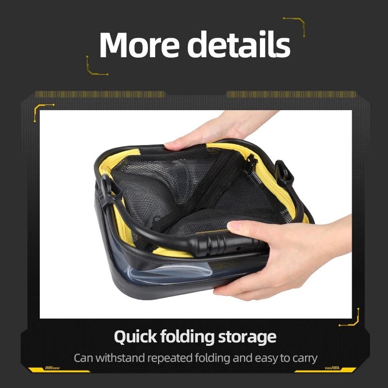 Black and yellow storage bag with hands holding it, text 'Quick folding storage' and 'More details'.