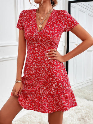 Summer Sexy Short Floral Print Dress for Women V Neck Slim Casual A-line Dress