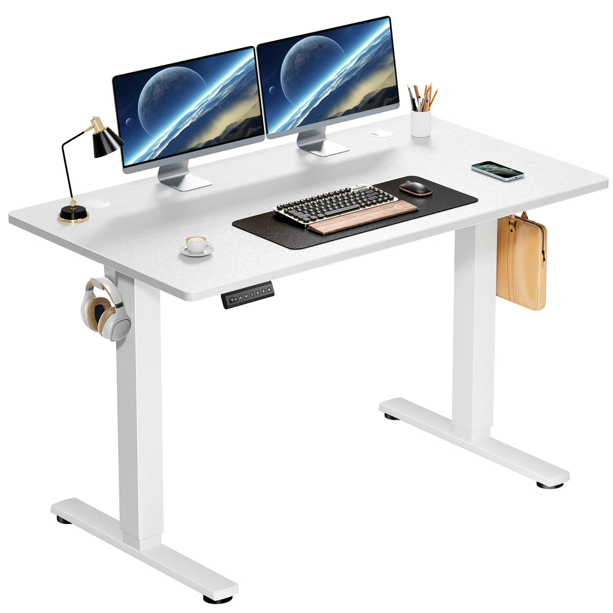 White computer desk with two monitors, keyboard, mouse, and other office items on a white background